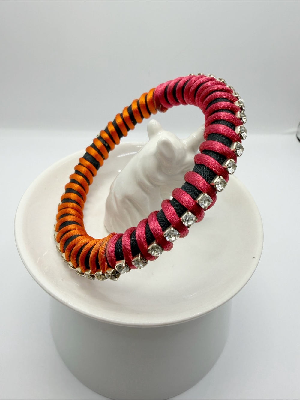 Orange Hot Pink Silk Thread Bangle | Rhinestone Chain Border Statement Bangle